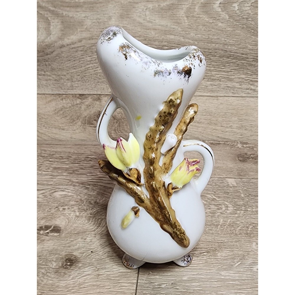 Vintage White Gold Ornate Art Pottery Bud Vase Kitschy Beautiful 6" Signed